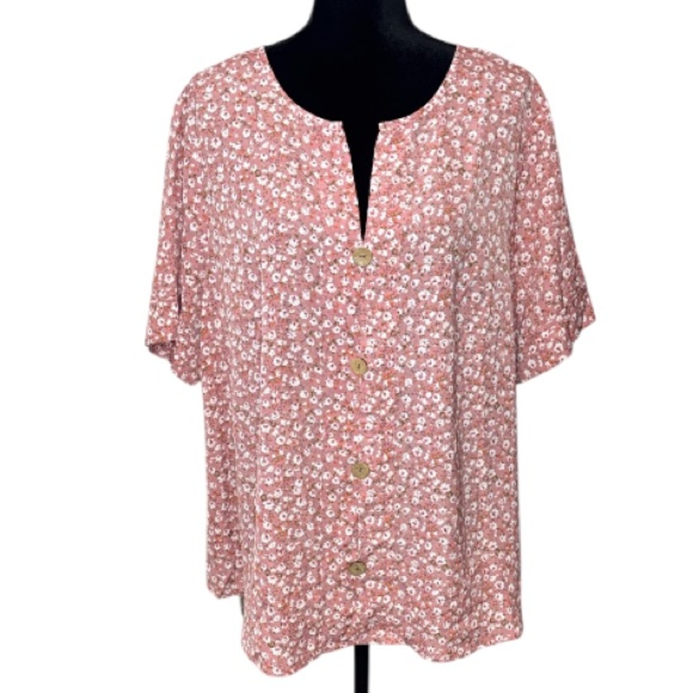 SHEIN - Pink Floral Top with Wooden Button Accents - Size 2X